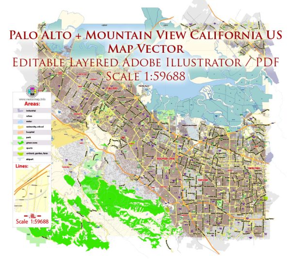 Palo Alto Mountain View California US Map Vector Exact City Plan Low Detailed Street Map editable Adobe Illustrator in layers