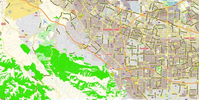 Palo Alto Mountain View California US PDF Map Vector Exact City Plan Low Detailed Street Map ...