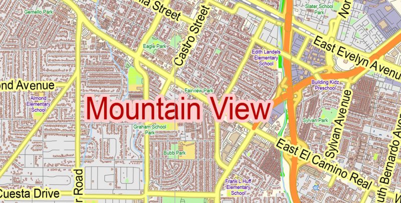 Palo Alto Mountain View California US Map Vector Exact City Plan Low Detailed Street Map editable Adobe Illustrator in layers