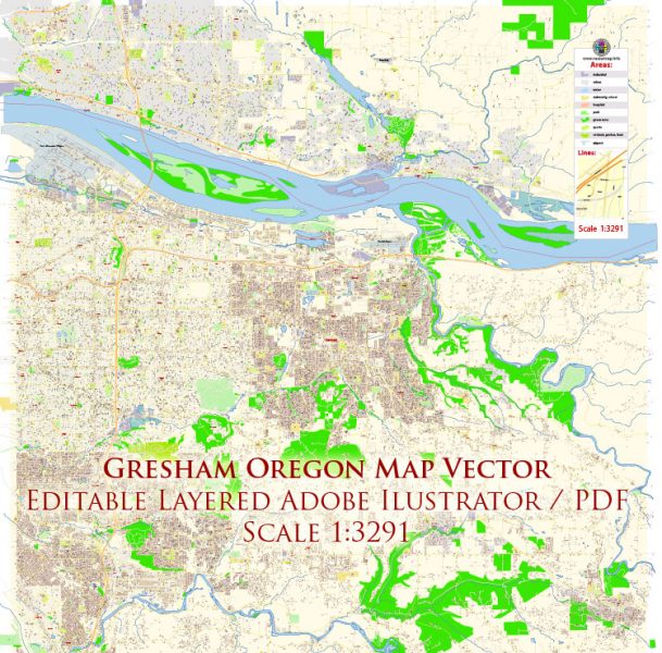 Gresham Oregon US Map Vector Exact City Plan High Detailed Street Map editable Adobe Illustrator in layers