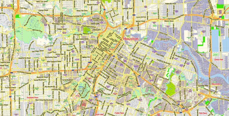 Houston Texas US Map Vector Exact City Plan Detailed Street Map editable Adobe Illustrator in layers