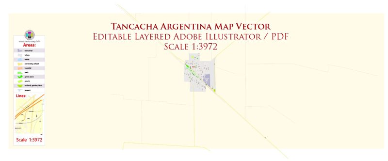 Tancacha Argentina Map Vector Exact City Plan High Detailed Street Map editable Adobe Illustrator in layers