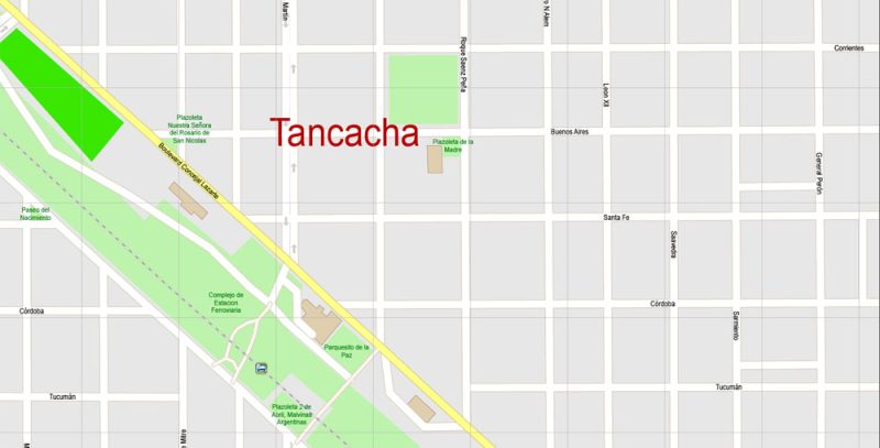 Tancacha Argentina Map Vector Exact City Plan High Detailed Street Map editable Adobe Illustrator in layers