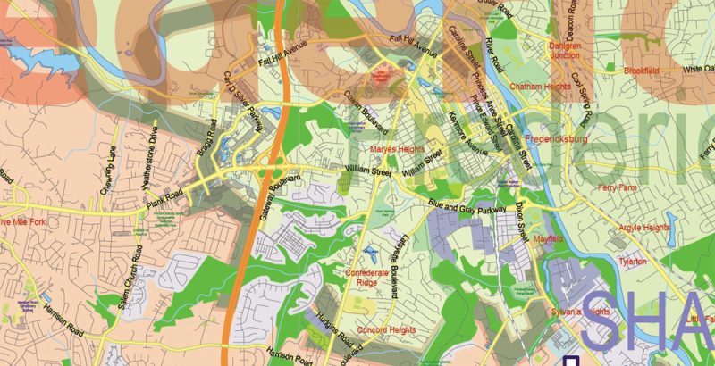 Virginia State US Map Vector Exact City Plan High Detailed Road Map + admin + Zipcodes editable Adobe Illustrator in layers