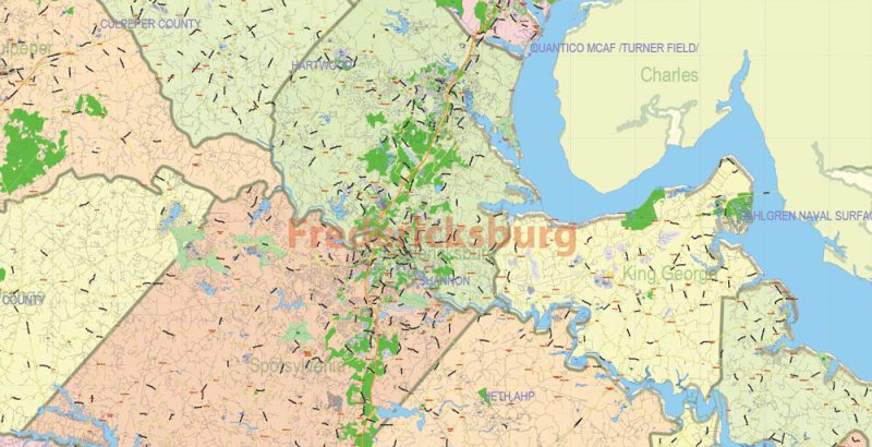 Virginia State US Map Vector Exact City Plan High Detailed Road Map + admin + Zipcodes editable Adobe Illustrator in layers
