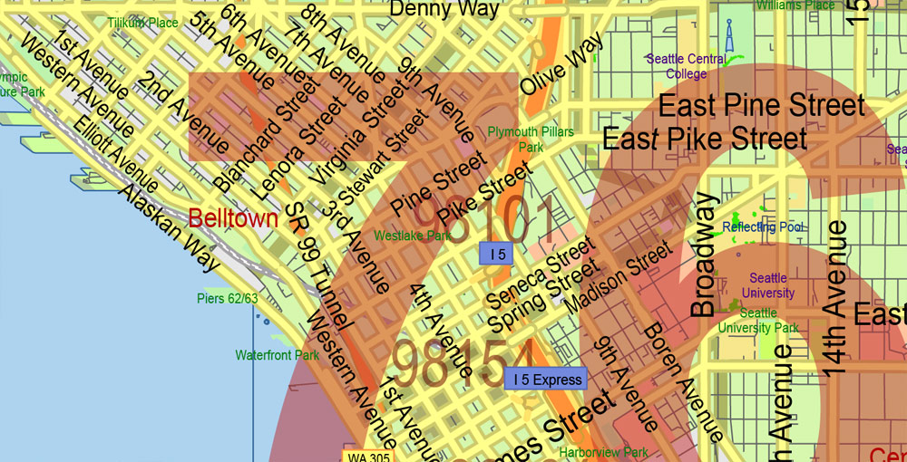 Washington State US Map Vector Exact State Plan High Detailed Road Map + admin + Zipcodes editable Adobe Illustrator in layers