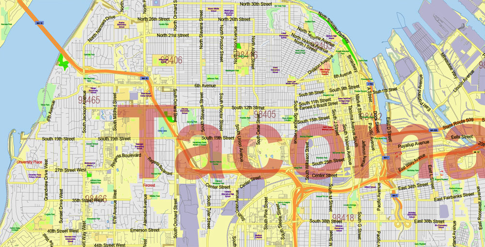 Washington State US Map Vector Exact State Plan High Detailed Road Map + admin + Zipcodes editable Adobe Illustrator in layers