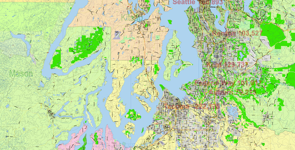 Washington State US Map Vector Exact State Plan High Detailed Road Map + admin + Zipcodes editable Adobe Illustrator in layers