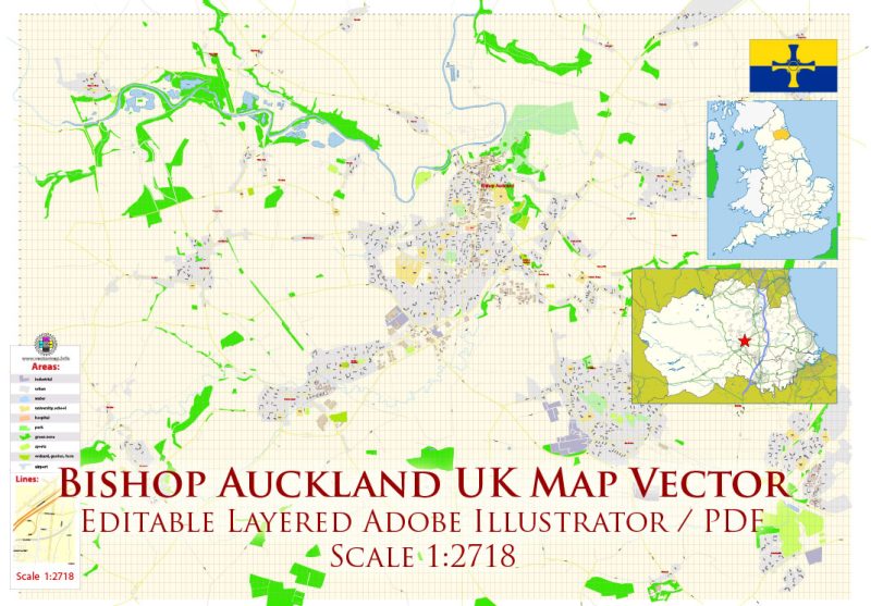 Bishop Auckland UK Map Vector Exact City Plan High Detailed Street Map editable Adobe Illustrator in layers