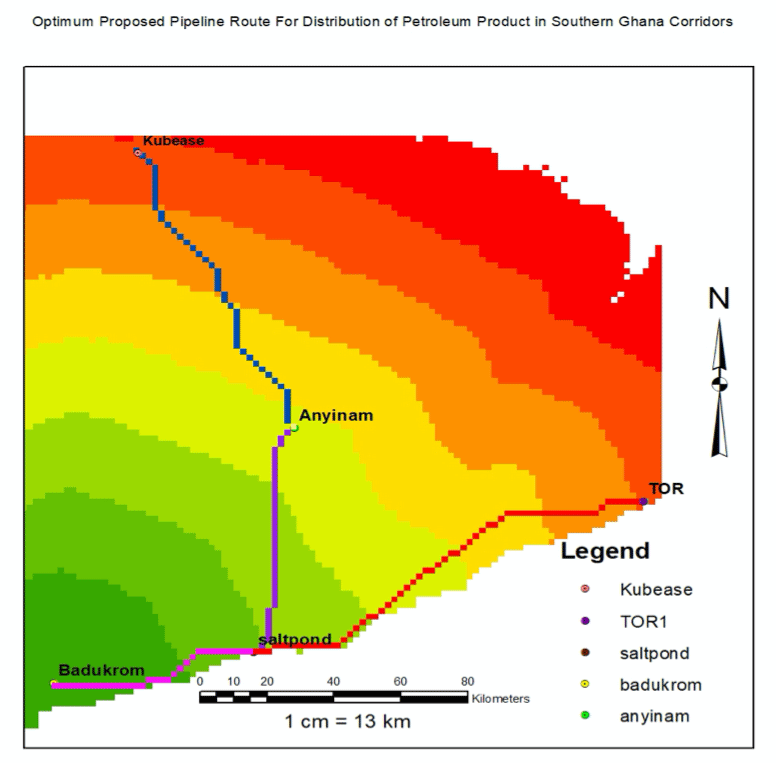 Figure 5 A map Showing the Optimum Pipeline Paths