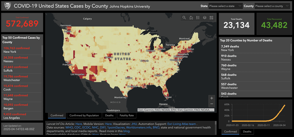 Map of COVID-19 confirmed cases for the United States by county. Screenshot taken April 14, 2020.