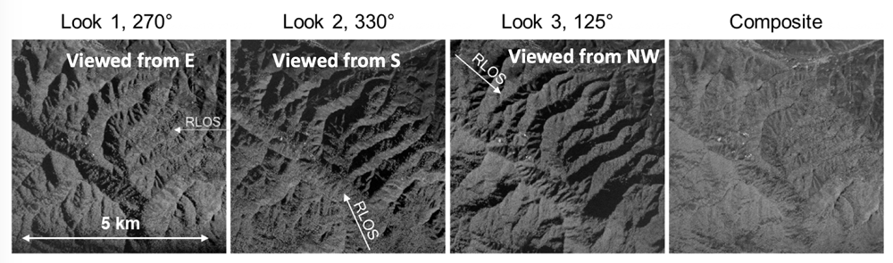 Three CIRES observations of the same scene from different angles show that a registered combination of these multiple views can provide near-uniform illumination coverage of mountainous areas. Image: ESTF presentation, NASA, 2019