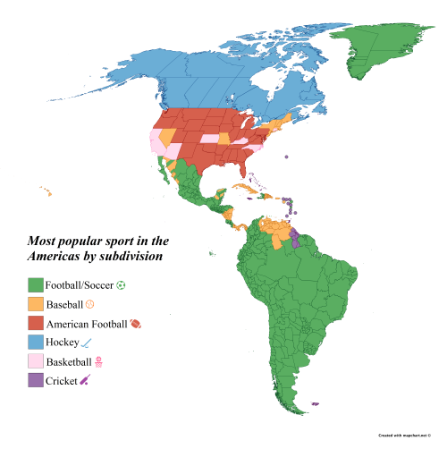 gjrt888:
“ Most popular sport in the Americas by country/subdivision
(Data: sportsshow.net & vox.com)
Criteria used:
• Global Fan Base and Audience
• Viewership on TV
• TV Rights Deals
• Popularity on Internet
• Presence on Social Media
• Access to...