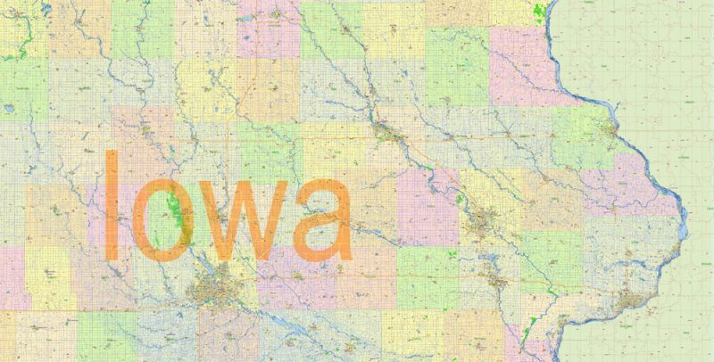 Iowa State US Map Vector Exact State Plan High Detailed Road Map + admin + Zipcodes editable Adobe Illustrator in layers