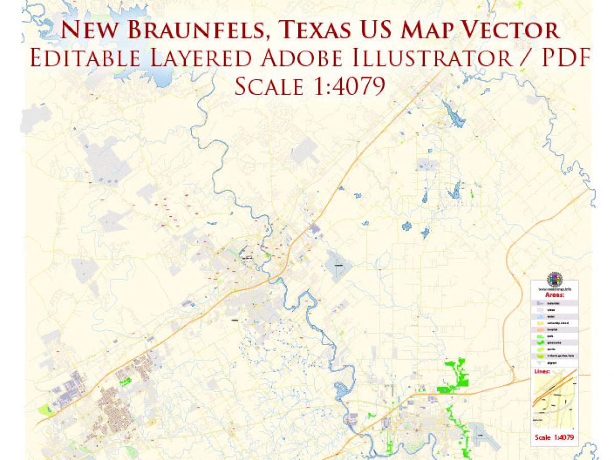 New Braunfels Texas Us Map Vector Exact City Plan High Detailed Street Map Editable Adobe Illustrator In Layers