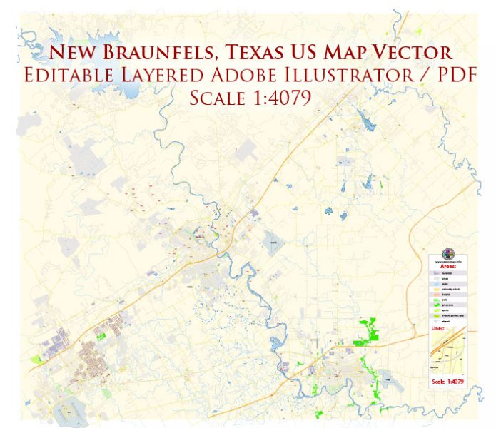 New Braunfels Texas US Map Vector Exact City Plan High Detailed Street Map editable Adobe Illustrator in layers