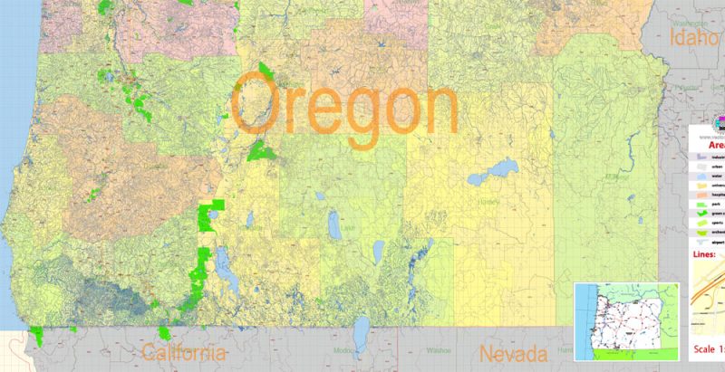 Oregon State US Map Vector Exact City Plan High Detailed Street Map + admin + Zipcodes editable Adobe Illustrator in layers