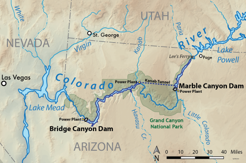 Map showing the locations of the Bridge and Marble Canyon Dams proposed by the US Bureau of Reclamation in the 1950s, to dam the Colorado River in the Grand Canyon. The dams were part of the Pacific Southwest Water Plan whose ultimate goal was to...