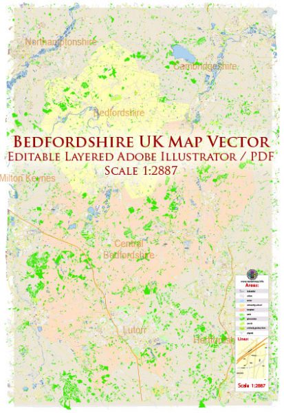 Bedfordshire UK England Map Vector Exact Admin City Plan High Detailed Street Map editable Adobe Illustrator in layers
