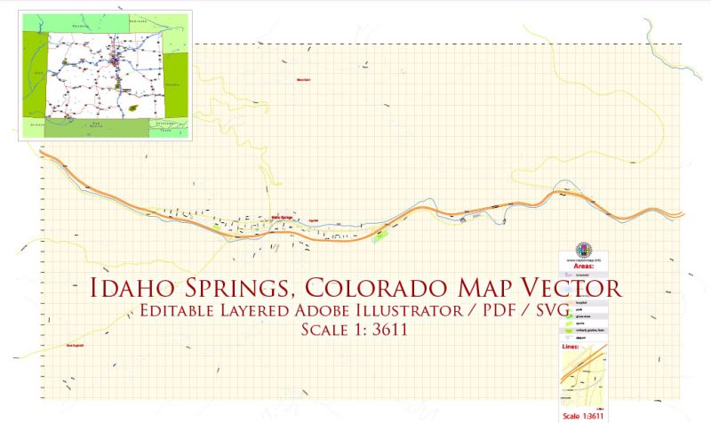 Idaho Springs Colorado Map Vector Exact City Plan High Detailed Street Map editable Adobe Illustrator + PDF + SVG in layers