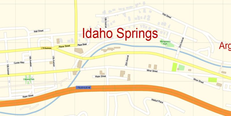 Idaho Springs Colorado Map Vector Exact City Plan High Detailed Street Map editable Adobe Illustrator + PDF + SVG in layers