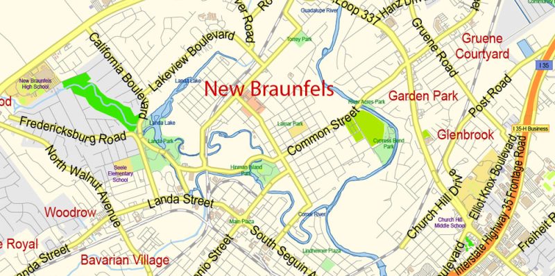 New Braunfels Texas US Map Vector Exact City Plan Low Detailed Street Map editable Adobe Illustrator in layers