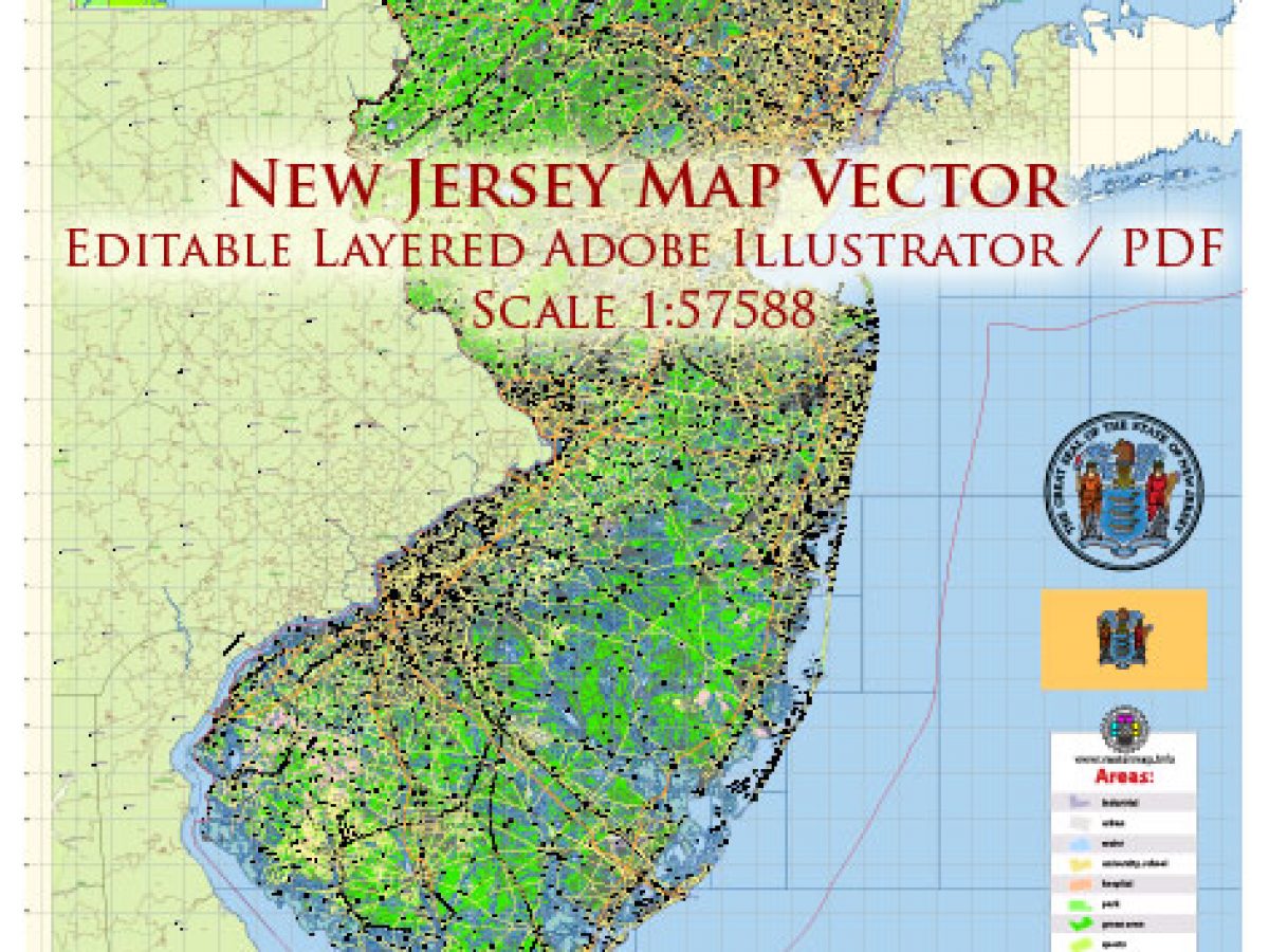 Nj On Us Map _New Jersey State Us Map Vector Exact State Plan High Detailed Road Map +  Admin + Zipcodes Editable Adobe Illustrator In Layers