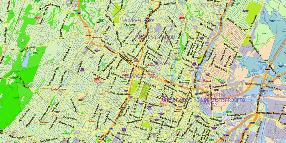 New Jersey State US Map Vector Exact State Plan High Detailed Road Map + admin + Zipcodes editable Adobe Illustrator in layers