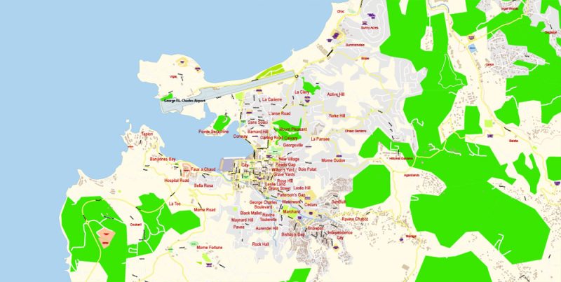 Saint Lucia Island Map Vector Exact City Plan High Detailed Street Map editable Adobe Illustrator in layers