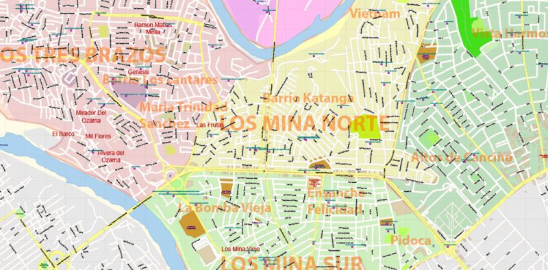 Santo Domingo NordEste School Areas Map (full) Vector Exact City Plan high Detailed Street Map editable Adobe Illustrator in layers