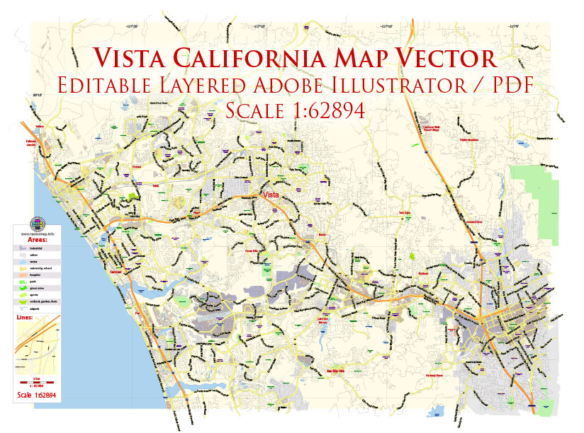 Vista California US Map Vector Exact City Plan Low Detailed Street Map editable Adobe Illustrator in layers
