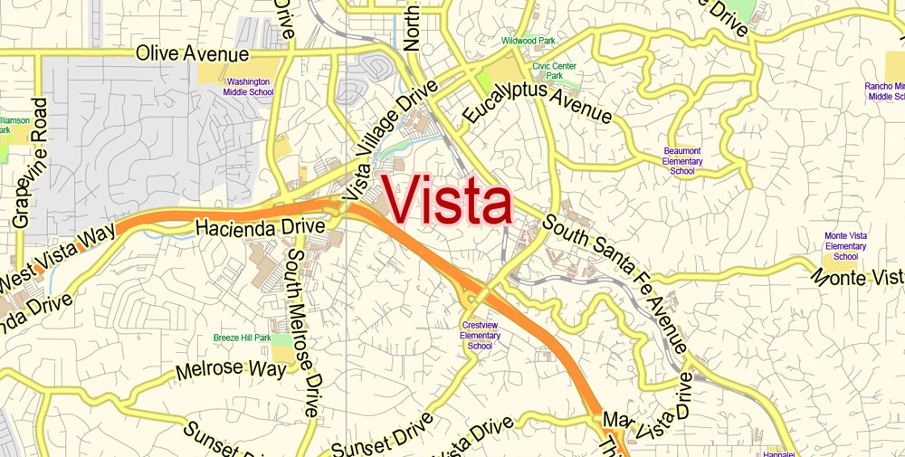 Vista California Us Map Vector Exact City Plan Low Detailed Street Map Editable Adobe