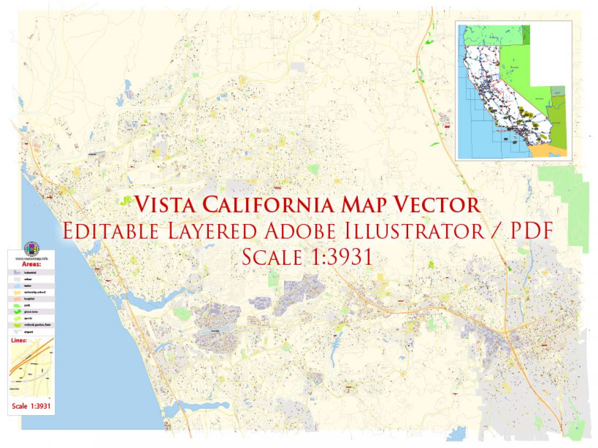 Vista California Us Map Vector Exact City Plan High Detailed