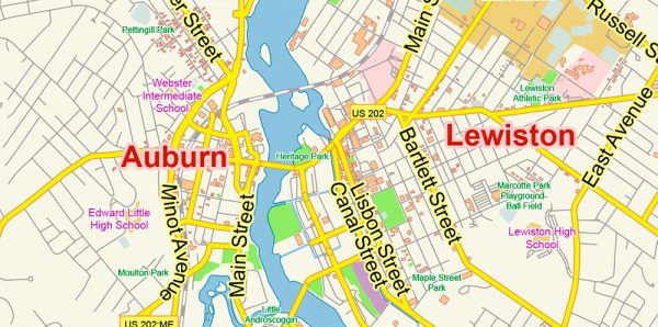 Auburn + Lewiston Maine US PDF Map Vector Exact City Plan Low Detailed 