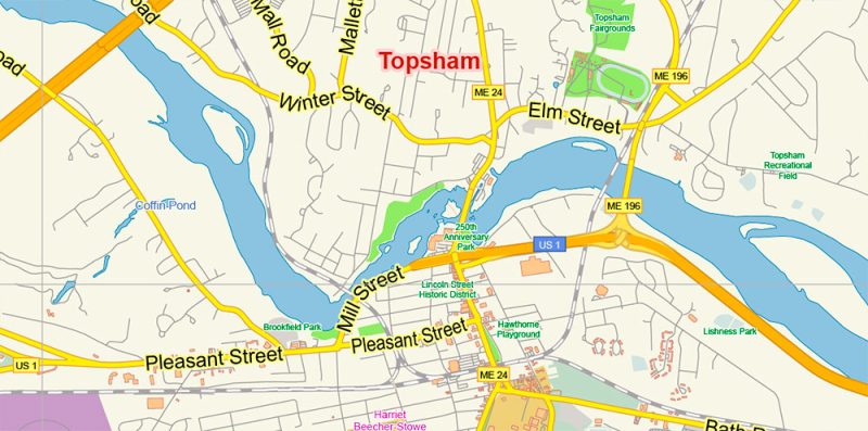 Auburn + Lewiston Maine US Map Vector Exact City Plan Low Detailed Street Map editable Adobe Illustrator in layers