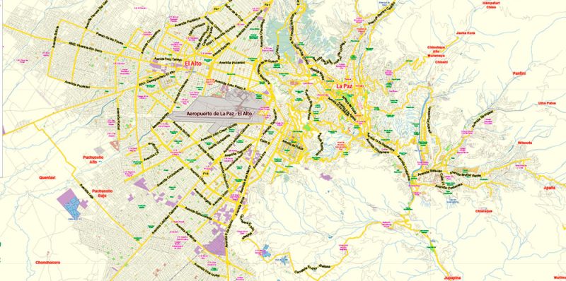 La Paz El Alto Bolivia Map Vector Exact City Plan Low Detailed Street Map editable Adobe Illustrator in layers