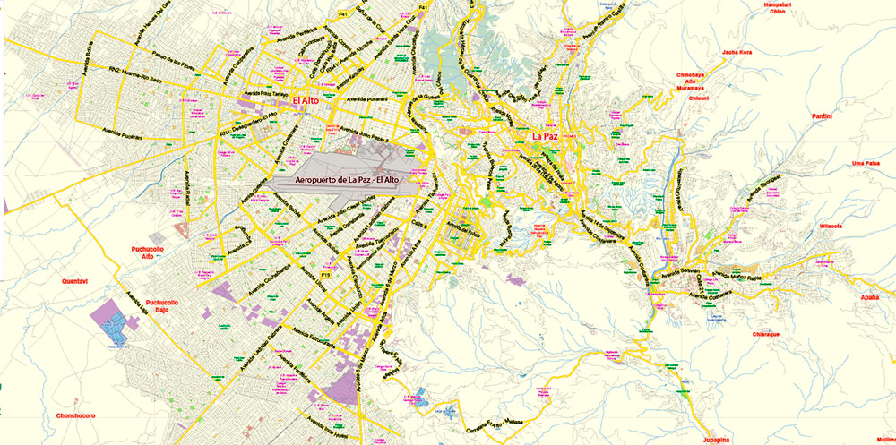La Paz El Alto Bolivia PDF Map Vector Exact City Plan Low Detailed Street Map editable Adobe PDF in layers