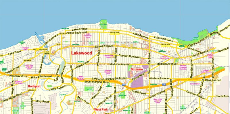 Lakewood Ohio US Map Vector Exact City Plan Low Detailed Street Map editable Adobe Illustrator in layers