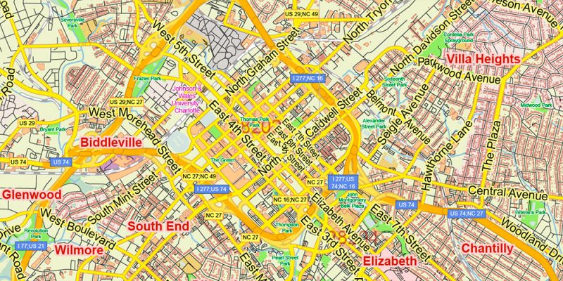 Mecklenburg County Charlotte North Carolina US Map Vector Exact City Plan Detailed Street Map +Admin + Zipcodes editable Adobe Illustrator in layers