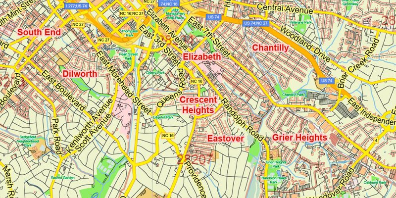 Mecklenburg County Charlotte North Carolina US Map Vector Exact City Plan Detailed Street Map +Admin + Zipcodes editable Adobe Illustrator in layers