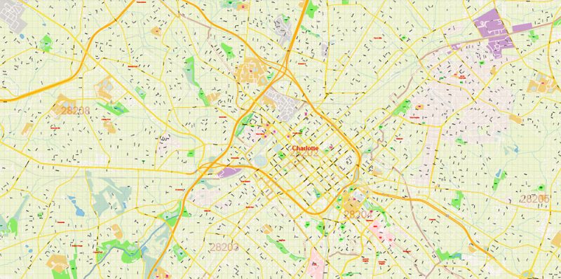 Mecklenburg County Charlotte North Carolina US Map Vector Exact City and County Plan High Detailed Street Map + admin + zipcodes editable Adobe Illustrator in layers