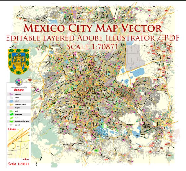 Mexico City Map Vector Exact City Plan Low Detailed Street Map editable Adobe Illustrator in layers