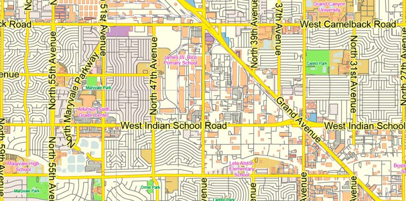 Phoenix Arizona US Map Vector Exact City Plan Low Detailed Street Map editable Adobe Illustrator in layers