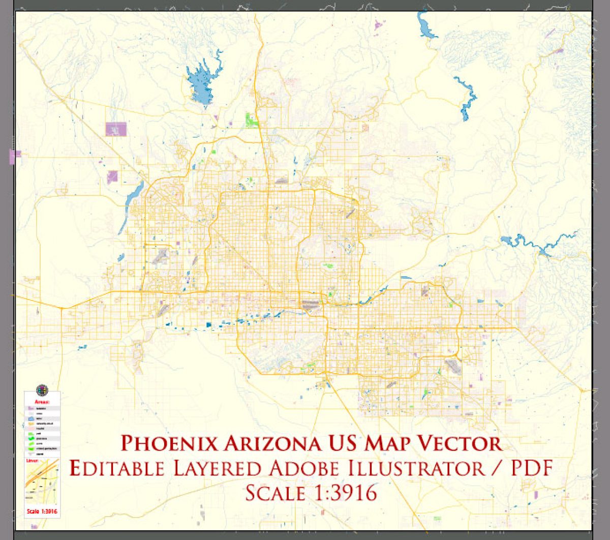 Phoenix Arizona Us Map Vector Exact City Plan High Detailed Street Map Editable Adobe Illustrator In Layers