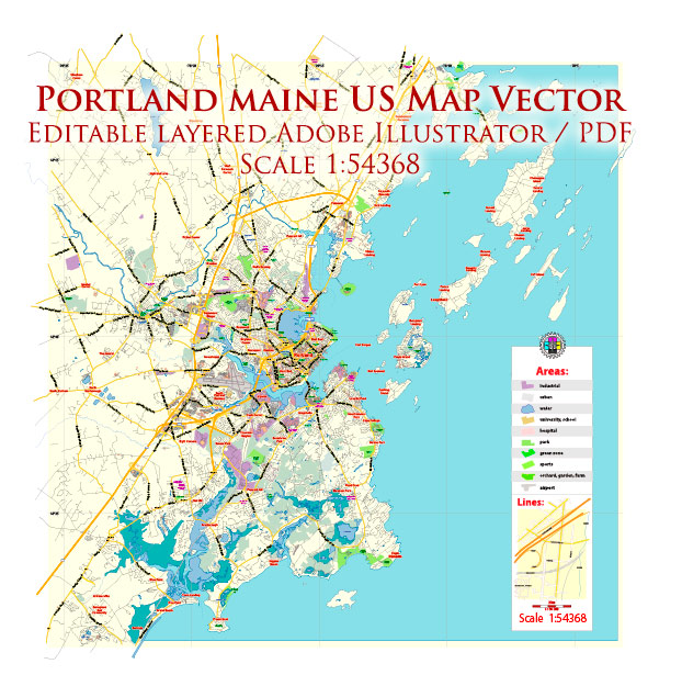 Portland Maine US PDF Map Vector Exact City Plan Low Detailed Street Map editable Adobe PDF in layers