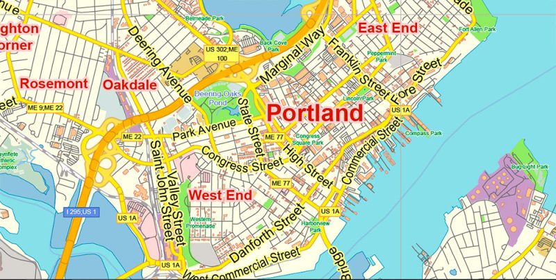Portland Maine US Map Vector Exact City Plan Low Detailed Street Map editable Adobe Illustrator in layers