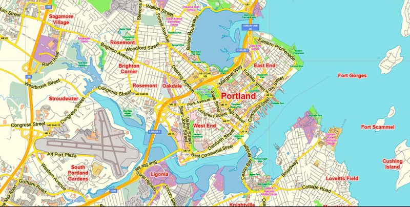 Portland Maine US Map Vector Exact City Plan Low Detailed Street Map editable Adobe Illustrator in layers