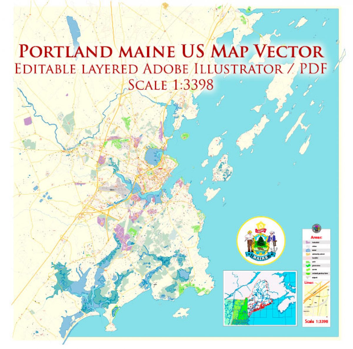 Portland Maine Us Map Vector Exact City Plan High Detailed Street Map Editable Adobe Illustrator In Layers