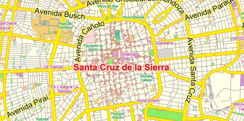 Printable PDF Vector Map of Santa Cruz de la Sierra Bolivia LOW detailed City Plan scale 1:71561 full editable Adobe PDF Street Map in layers, scalable, text format  all names, 4 MB ZIP All street names, Main Objects,  Buildings. Map for design, printing, arts, projects, presentations, for architects, designers, and builders, business, logistics.  Layers list: Legend Grids Labels of roads Names of places (city, hamlet, etc.) Names of objects (hospitals, schools, parks, water) Names of main streets Halo names places Halo names streets Halo names objects Main Streets, roads, railroads, lines Civil streets Railroads Buildings Airports and heliports Water objects (rivers, lakes, ponds) Color fills (parks, hospital areas, school areas, land use, etc.) Back The most exact and detailed map of the city in scale. For Editing and High-Quality Printing
