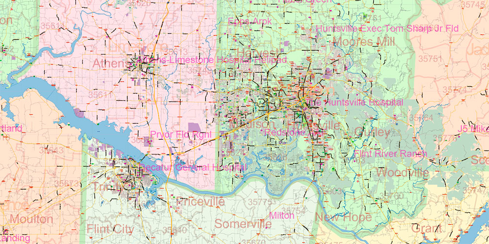 Alabama State US PDF Map Vector Exact Roads Plan High Detailed Street Map + Counties + Zipcodes editable Adobe PDF in layers